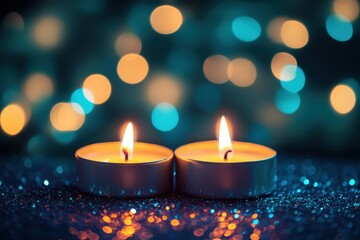 Poster - Two lit candles glow softly on a glittery surface surrounded by colorful bokeh lights in a cozy setting, Two lit candles with glittery surface and bokeh lights in background