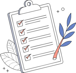Poster - Stylized illustration of a clipboard with a completed checklist and decorative elements like leaves and abstract shapes representing tasks accomplished