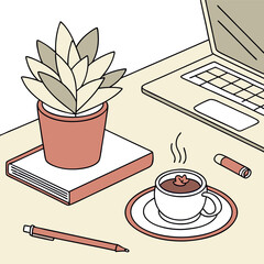 Poster - A cozy isometric illustration of a desk setup featuring a potted succulent a closed book a steaming cup of coffee a pen and a laptop
