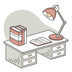 Poster - A simple isometric illustration of a desk with a lamp two books and an open book perfect for study or work themes