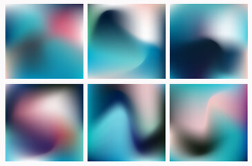 Aufkleber - Trendy vector illustration in soft gradient mesh style. Abstract square backgrounds feature smooth blends of blue, pink, teal, and purple hues with fluid, organic shapes and dreamy light effects.