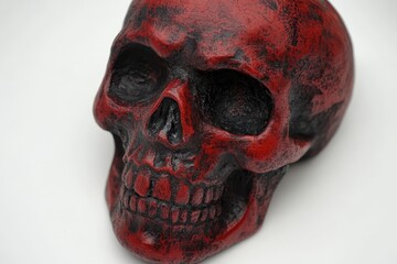 Poster - Closeup of red old skull rotating slowly to reveal intricate details and texture, Red Old Skull Rotating Closeup