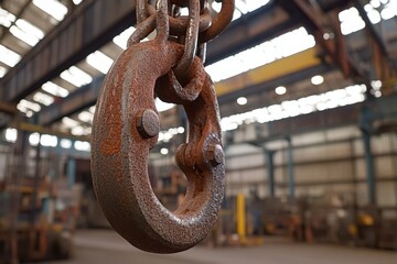 Poster - Rusty crane hook and chains hanging in a factory setting with industrial atmosphere, The hook and rusty chains of a crane in a factory warehouse