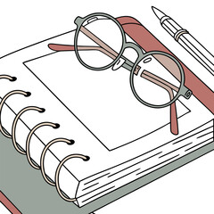 Poster - A pair of round eyeglasses rests on an open spiral bound notebook next to a pen suggesting study or work preparation