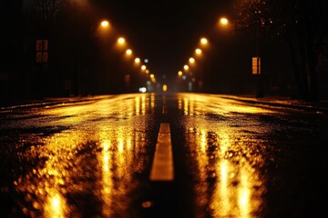 Poster - Nighttime road illuminated by streetlights and puddles reflecting warm glow, Nighttime Road Scene with Streetlights and Reflective Surface