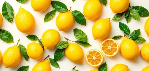 Poster - Abstract seamless pattern featuring vibrant lemons on a white background, tropical fruit design,  style,  background