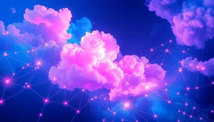 Poster - Abstract blue pink cloud computing network illustration,   connectivity,   virtualization