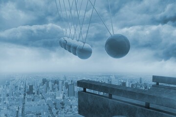 Poster - Newtons cradle above city
