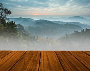 Poster - Wooden deck is being shown overlooking misty forested hills in flat design with soft sunrise glow