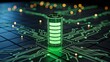 © Ree - Fully charged green battery on electronic circuit board with glowing lights