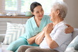 © Pixel-Shot - Physical therapist hugging senior woman on sofa at home