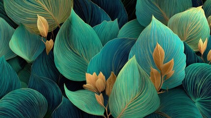 Poster - Patterned leaves in shades of green gold isolated-3d-backgroung-image
