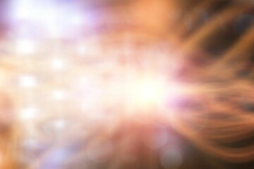 Poster - Central glow is radiating amber and purple streaks with bokeh highlights in flat style, copy space