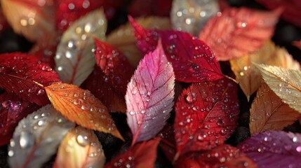 Poster - Close up macro of colorful autumn leaves with water droplets