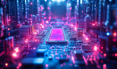 Poster - Close-up of futuristic glowing computer motherboard circuit with central processor chip and neon blue and pink lights in data center environment technology concept