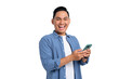 © Khoirul Mahmudin - Smiling young Asian man in casual shirt using smartphone, chatting online, texting message, looking at camera isolated on transparent background