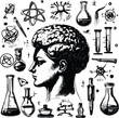 © Vectoral - Engraved vector illustration: human brain- scientific tools- alchemy