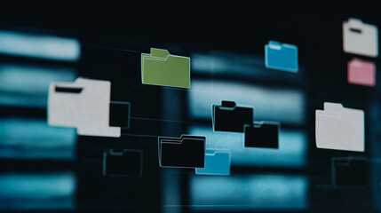 Fototapete - Floating Folders on Dark: Digital folders with a variety of colors float against a dark surface, representing data management, file organization, and cloud storage solutions.