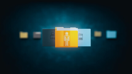 Poster - Illuminated Man Icon in Folder: An icon of man stands out in glowing gold on pixelated folder on deep blue backdrop.