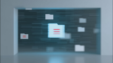 Fototapete - Digital Document and Data Storage: An abstract, modern view of digital data storage, depicting a file folder with various documents and files floating within a virtual space.