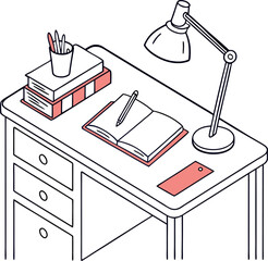 Poster - A minimalist illustration of a desk with a lamp books an open notebook with a pen and a bookmark perfect for study or work themes
