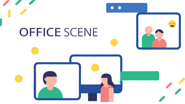 Illustration depicting virtual office scene with monitors, avatars, and chat bubbles in a colorful style