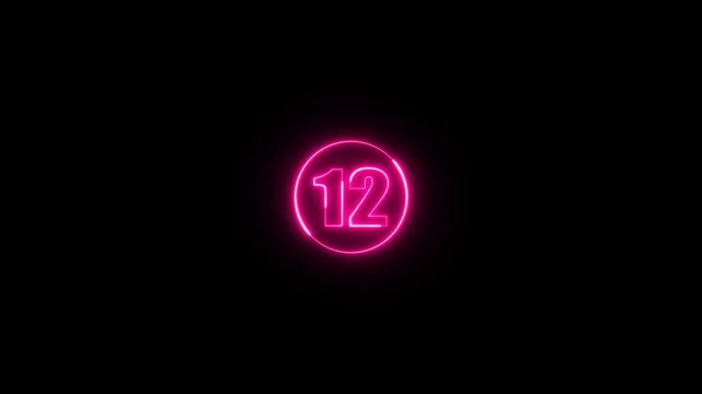 Glowing neon circle and number 12 animation on a black background. Abstract glowing neon number 