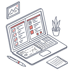 Poster - Isometric illustration of a modern desk setup featuring an open laptop displaying checklists and charts a pen a notepad a potted plant and a framed picture of mountains