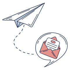 Poster - A hand drawn illustration of a paper airplane in flight leaving a dashed line trail towards a speech bubble containing an opened envelope with a letter inside