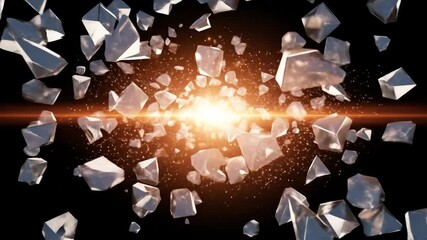 Poster - Glowing shards of crystal burst outwards from a bright central light against a black background