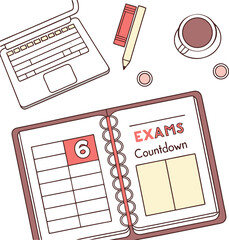 Poster - Overhead view of a desk with a laptop notebook pencil eraser and coffee cup symbolizing exam preparation and countdown