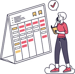 Poster - A person on the phone holding a book stands on a cloud next to a large desk calendar with tasks and deadlines marked in red and yellow