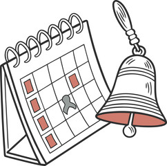 Poster - A hand drawn illustration of a desk calendar with marked dates and a ringing bell symbolizing important events and reminders