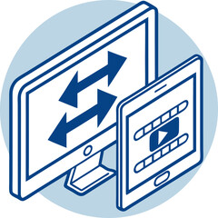 Poster - Digital media sharing and data transfer between a desktop computer and a tablet device illustrated with arrows and a play button icon