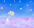 © Aomi.art - ラベンダー畑にたたずむ少女の手から飛んで行った星形の風船が、星空を作っていく幻想的なイラスト。水彩画を使用した絵本のような世界観の素材。