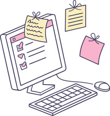 Poster - A stylized illustration depicts a computer monitor displaying a checklist with completed tasks accompanied by a keyboard and mouse with sticky notes attached