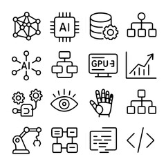 Poster - A comprehensive collection of minimalist graphic icons representing artificial intelligence concepts.