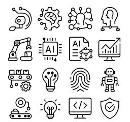 Poster - A collection of meticulously crafted minimalist line art icons, each representing key concepts in the realm of artificial intelligence and cutting-edge technological advancement.