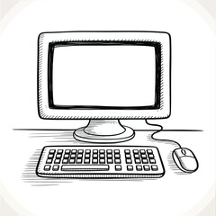 Fototapete - Hand drawn computer setup with monitor keyboard and mouse in black and white