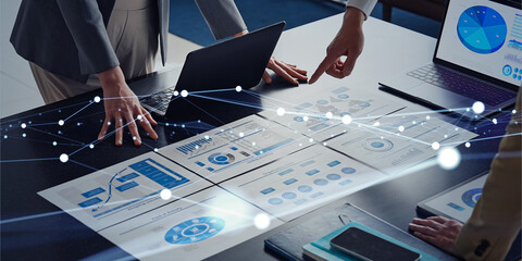 Poster - Group of business people meeting in office and communication network concept