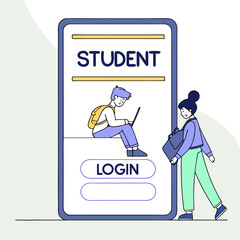 Poster - Young male student with backpack uses laptop on digital screen with login button while a female student carries bag representing online education and student portal access