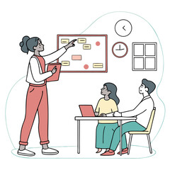 Poster - Diverse team collaborating in an office setting with a presenter pointing at a task board while colleagues observe and use a laptop during a meeting