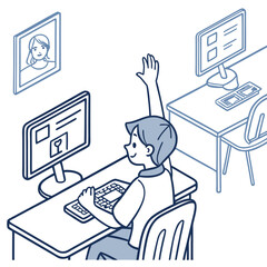 Poster - A young student enthusiastically raises their hand while sitting at a desk with a computer participating in an online class or remote learning session