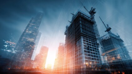 Poster - Futuristic building project with digital technology seamlessly blending with physical construction.