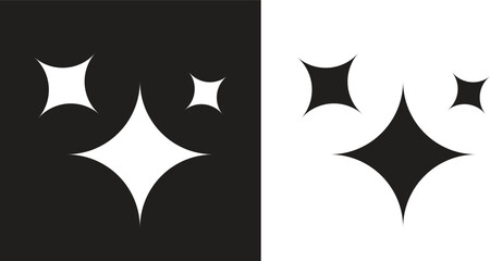 Wall Mural - Minimalist sparkle star icon set in black and white contrast style. Perfect for decorative elements, digital effects, or clean graphic accents. Includes modern flat vector design elements.