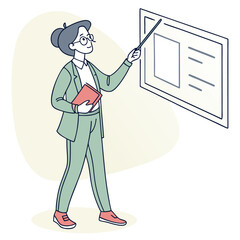 Poster - A woman in a green suit and glasses holds a book and points with a stick to a presentation board with graphics and text