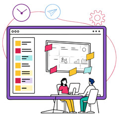 Poster - Two people collaborate on a digital project displayed on a large computer screen with icons representing time communication and workflow elements