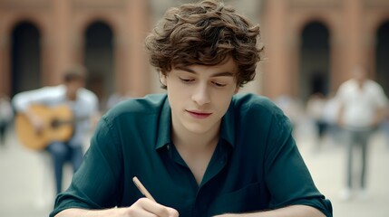 Poster - A third-person view of a young man sketching architecture in a European town square, soft chatter in the background, classical guitar music creating a warm vibe