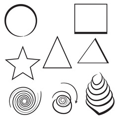 Poster - Black and white outlines of various geometric shapes and spiral elements on a white background