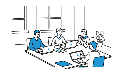 Fototapete - Illustration of four people meeting around a table with laptops in a bright office space setting